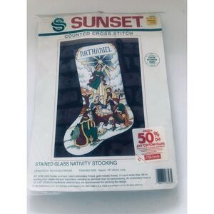 Sunset cross-stitch Christmas stocking Nathaniel nativity set